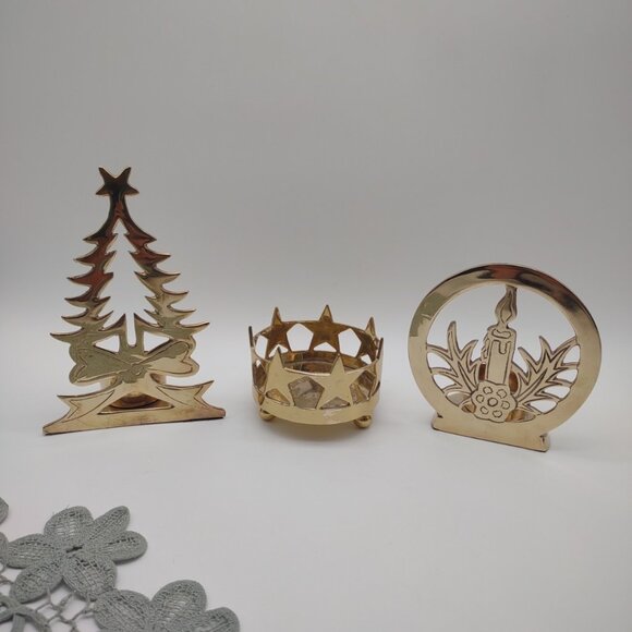 Vintage Lot of 3 Christmas Brass Votive Pillar Candle Holders, Tree Star Wreath - Picture 3 of 17
